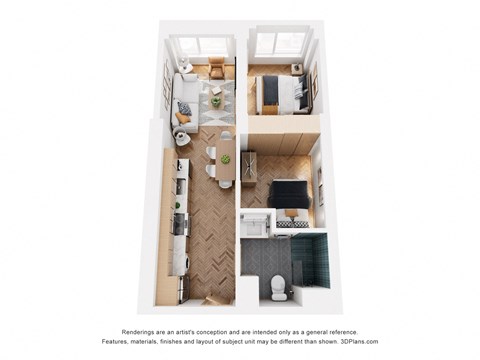 Floor plan for 2 beds, 1 bath, 553 sqft